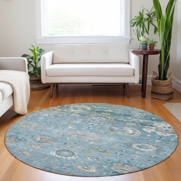HomeRoots 5' Vibrant Teal Blue and Aqua Floral Washable Area Rug for Indoor and Outdoor Spaces - Durable Design 8' Round 609518