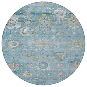 HomeRoots 5' Vibrant Teal Blue and Aqua Floral Washable Area Rug for Indoor and Outdoor Spaces - Durable Design 8' Round 609518
