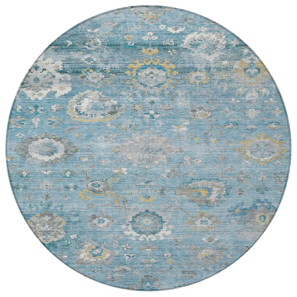 HomeRoots 5' Vibrant Teal Blue and Aqua Floral Washable Area Rug for Indoor and Outdoor Spaces - Durable Design 8' Round 609518