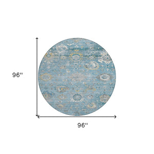 HomeRoots 5' Vibrant Teal Blue and Aqua Floral Washable Area Rug for Indoor and Outdoor Spaces - Durable Design 8' Round 609518