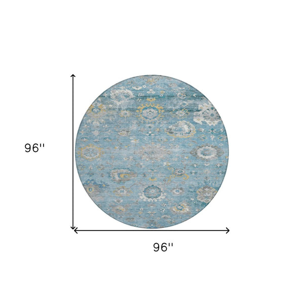 HomeRoots 5' Vibrant Teal Blue and Aqua Floral Washable Area Rug for Indoor and Outdoor Spaces - Durable Design 8' Round 609518
