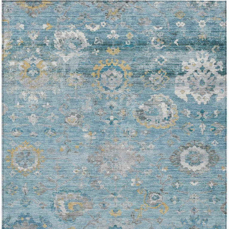 Teal Aqua Floral Polyester Area Rug Washable Indoor Outdoor for Coastal Patio Decor