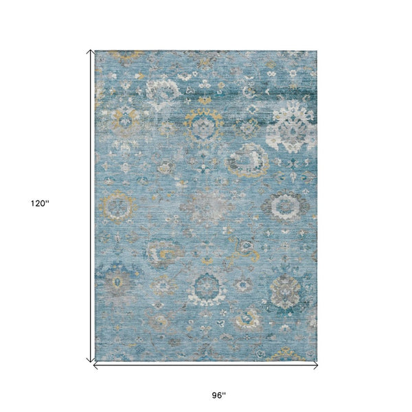 HomeRoots 5' Vibrant Teal Blue and Aqua Floral Washable Area Rug for Indoor and Outdoor Spaces - Durable Design 8' X 10' 609519