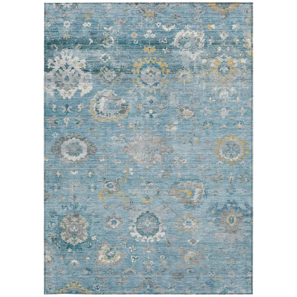 HomeRoots 5' Vibrant Teal Blue and Aqua Floral Washable Area Rug for Indoor and Outdoor Spaces - Durable Design 9' X 12' 609520