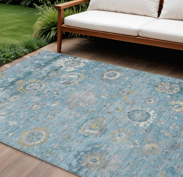 HomeRoots 5' Vibrant Teal Blue and Aqua Floral Washable Area Rug for Indoor and Outdoor Spaces - Durable Design 9' X 12' 609520