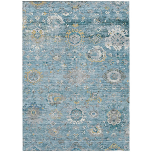 HomeRoots 5' Vibrant Teal Blue and Aqua Floral Washable Area Rug for Indoor and Outdoor Spaces - Durable Design 9' X 12' 609520