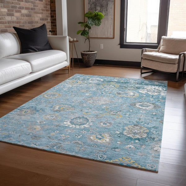 HomeRoots 5' Vibrant Teal Blue and Aqua Floral Washable Area Rug for Indoor and Outdoor Spaces - Durable Design 9' X 12' 609520