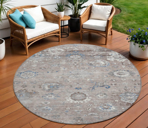 HomeRoots 5' Taupe and Brown Floral Area Rug – Versatile, Washable Design for Indoor and Outdoor Spaces 8' Round 609524
