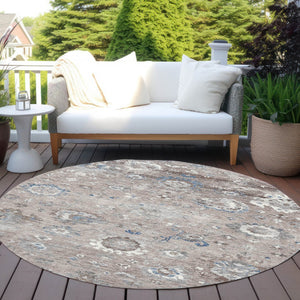 HomeRoots 5' Taupe and Brown Floral Area Rug – Versatile, Washable Design for Indoor and Outdoor Spaces 8' Round 609524