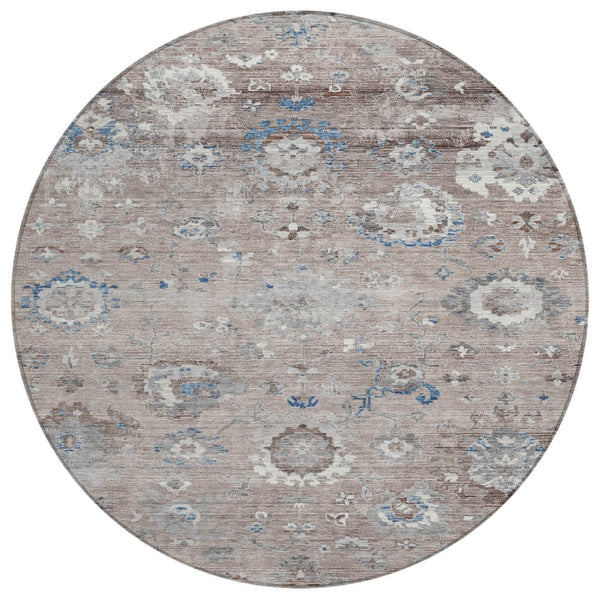 HomeRoots 5' Taupe and Brown Floral Area Rug – Versatile, Washable Design for Indoor and Outdoor Spaces 8' Round 609524