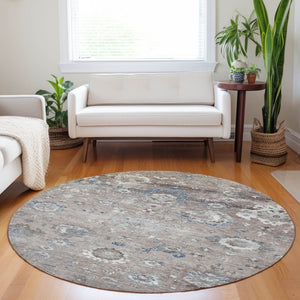 HomeRoots 5' Taupe and Brown Floral Area Rug – Versatile, Washable Design for Indoor and Outdoor Spaces 8' Round 609524