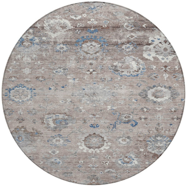 HomeRoots 5' Taupe and Brown Floral Area Rug – Versatile, Washable Design for Indoor and Outdoor Spaces 8' Round 609524