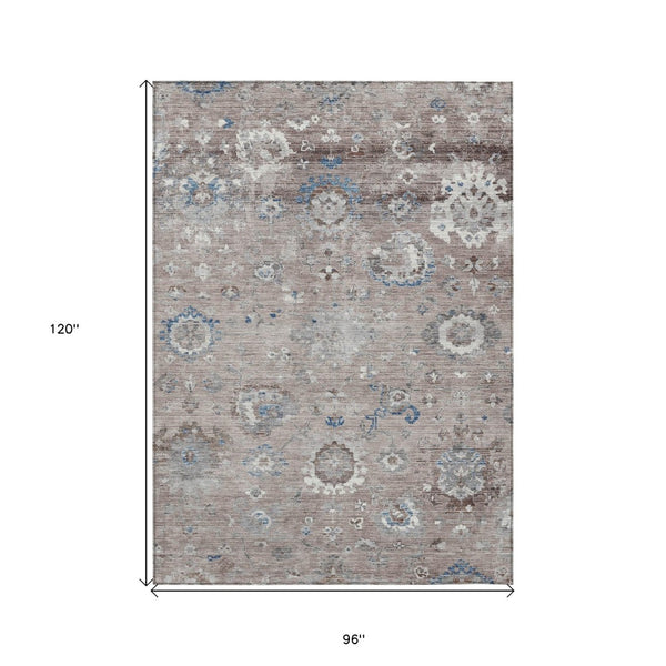HomeRoots 5' Taupe and Brown Floral Area Rug – Versatile, Washable Design for Indoor and Outdoor Spaces 8' X 10' 609525