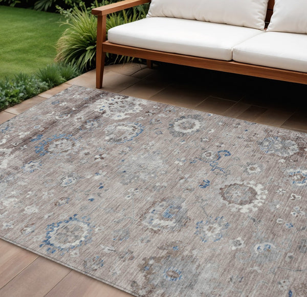 HomeRoots 5' Taupe and Brown Floral Area Rug – Versatile, Washable Design for Indoor and Outdoor Spaces 10' X 14' 609527