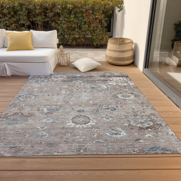 HomeRoots 5' Taupe and Brown Floral Area Rug – Versatile, Washable Design for Indoor and Outdoor Spaces 10' X 14' 609527