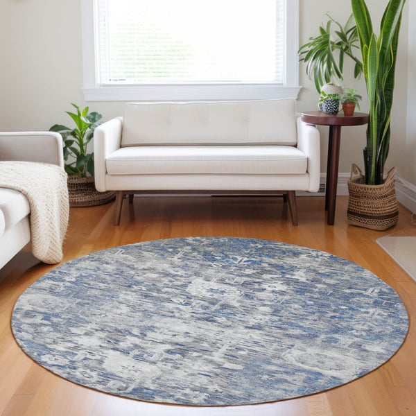 HomeRoots 5' Blue Floral Washable Area Rug - Durable, Stylish Design for Indoor and Outdoor High-Traffic Use 8' Round 609530