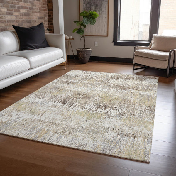 HomeRoots 5' Stylish Ivory and Taupe Striped Washable Area Rug for Indoor and Outdoor High-Traffic Spaces 8' X 10' 609549