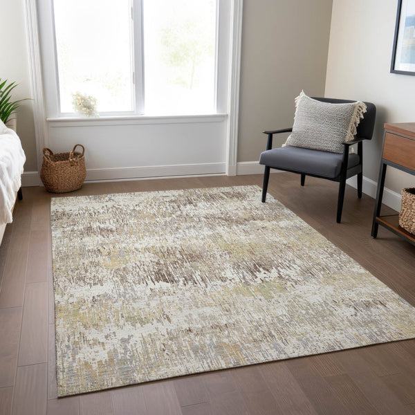 HomeRoots 5' Stylish Ivory and Taupe Striped Washable Area Rug for Indoor and Outdoor High-Traffic Spaces 9' X 12' 609550