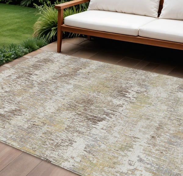HomeRoots 5' Stylish Ivory and Taupe Striped Washable Area Rug for Indoor and Outdoor High-Traffic Spaces 10' X 14' 609551