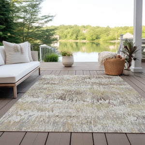 HomeRoots 5' Stylish Ivory and Taupe Striped Washable Area Rug for Indoor and Outdoor High-Traffic Spaces 10' X 14' 609551