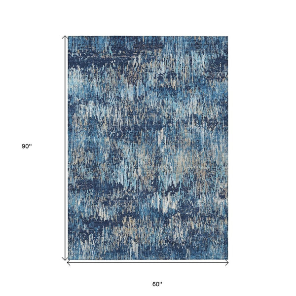 HomeRoots 5' Navy and Denim Blue Striped Washable Area Rug for Indoor and Outdoor Use – Durable and Stylish 5' X 8' 609559