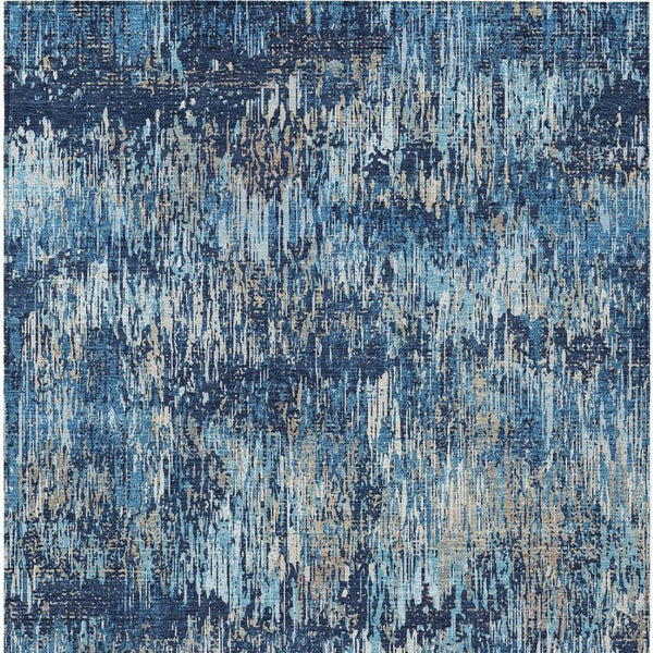 HomeRoots 5' Navy and Denim Blue Striped Washable Area Rug for Indoor and Outdoor Use – Durable and Stylish 5' X 8' 609559