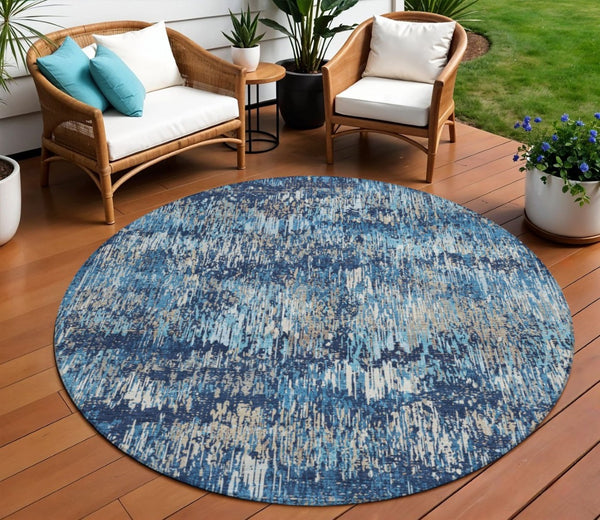 HomeRoots 5' Navy and Denim Blue Striped Washable Area Rug for Indoor and Outdoor Use – Durable and Stylish 8' Round 609560
