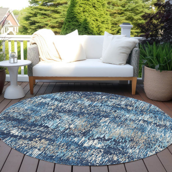 HomeRoots 5' Navy and Denim Blue Striped Washable Area Rug for Indoor and Outdoor Use – Durable and Stylish 8' Round 609560