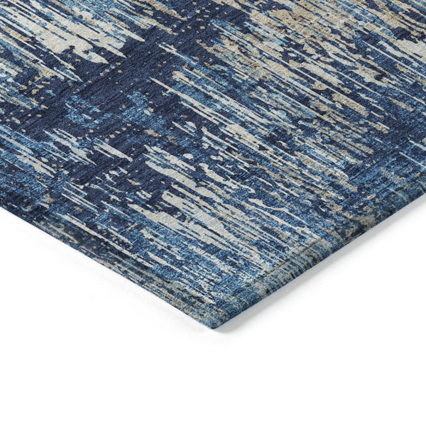 HomeRoots 5' Navy and Denim Blue Striped Washable Area Rug for Indoor and Outdoor Use – Durable and Stylish 8' Round 609560