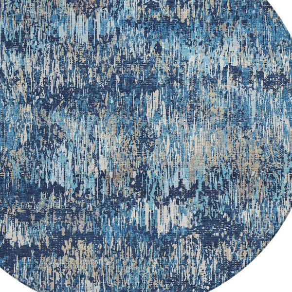 HomeRoots 5' Navy and Denim Blue Striped Washable Area Rug for Indoor and Outdoor Use – Durable and Stylish 8' Round 609560