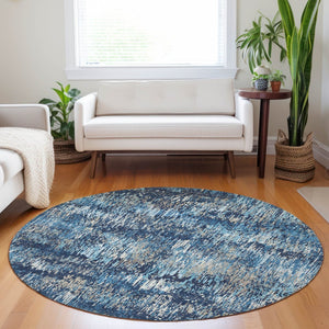 HomeRoots 5' Navy and Denim Blue Striped Washable Area Rug for Indoor and Outdoor Use – Durable and Stylish 8' Round 609560