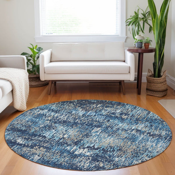 HomeRoots 5' Navy and Denim Blue Striped Washable Area Rug for Indoor and Outdoor Use – Durable and Stylish 8' Round 609560