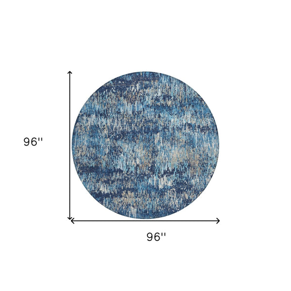 HomeRoots 5' Navy and Denim Blue Striped Washable Area Rug for Indoor and Outdoor Use – Durable and Stylish 8' Round 609560