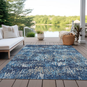 HomeRoots 5' Navy and Denim Blue Striped Washable Area Rug for Indoor and Outdoor Use – Durable and Stylish 10' X 14' 609563