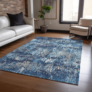 HomeRoots 5' Navy and Denim Blue Striped Washable Area Rug for Indoor and Outdoor Use – Durable and Stylish 10' X 14' 609563