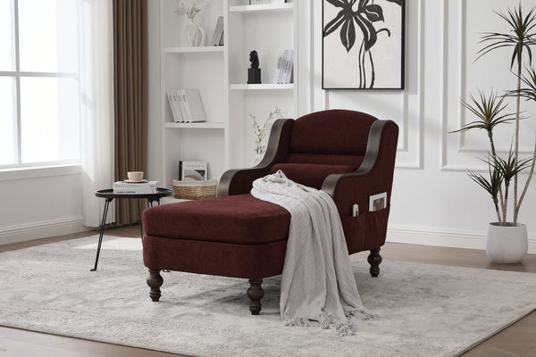 English Elm UNITED Oversized Chaise Lounge Sofa Bed with Solid Wood Arms, High-Resilience Foam, 800lb Capacity and Storage Pockets WINE RED W1568S00210