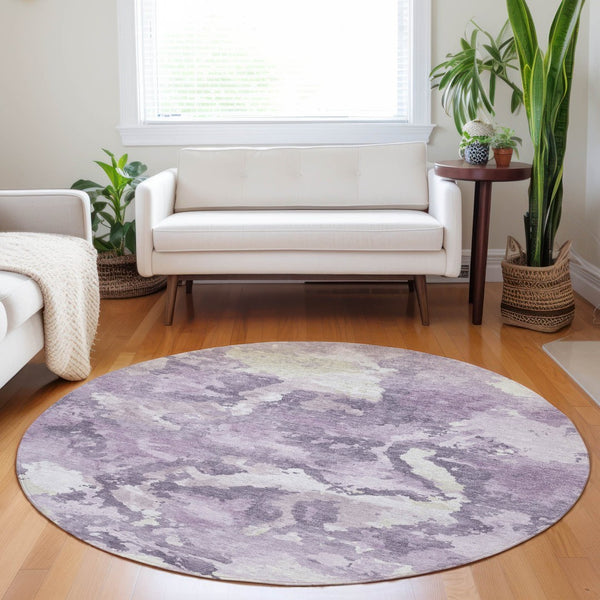 HomeRoots 5' Abstract Lavender and Lilac Washable Area Rug – Stylish, Durable Design for Indoor and Outdoor Use 8' Round 609572