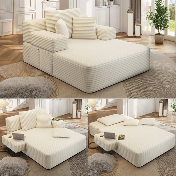 English Elm Luxurious Corduroy Convertible Chaise Lounge Sofa Bed with Foam Support for Apartments Beige W3219P449012