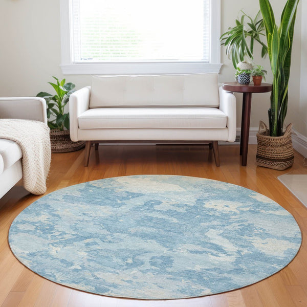 HomeRoots 5' Sky Blue and Denim Blue Abstract Rug - Washable Indoor/Outdoor Area Rug for Modern Spaces 8' Round 609578