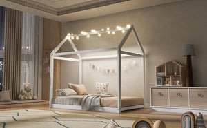 English Elm Twin House Bed Pine Wood Frame with Peaked Roofline Low Profile Kids Bedroom WF197557AAK