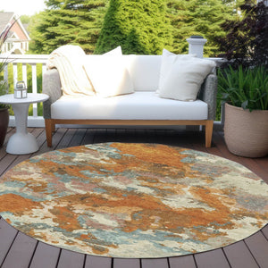 HomeRoots 5' Copper and Orange Abstract Area Rug - Washable, Durable, Indoor/Outdoor, Stain-Resistant Design 8' Round 609590