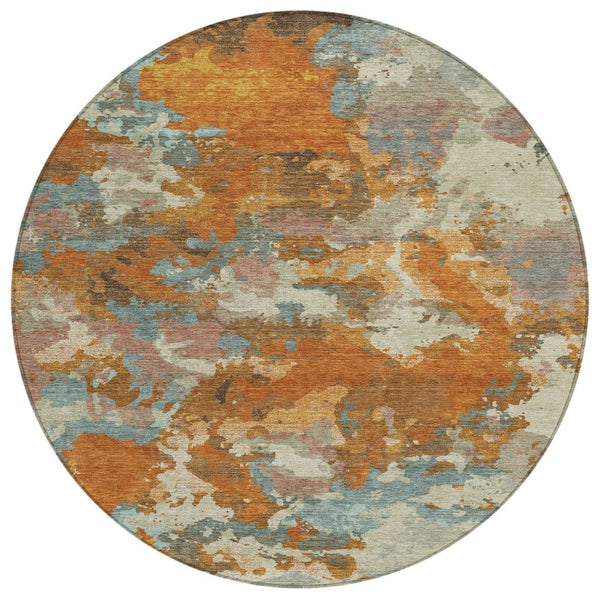 HomeRoots 5' Copper and Orange Abstract Area Rug - Washable, Durable, Indoor/Outdoor, Stain-Resistant Design 8' Round 609590