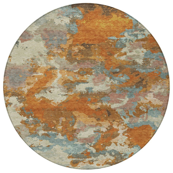 HomeRoots 5' Copper and Orange Abstract Area Rug - Washable, Durable, Indoor/Outdoor, Stain-Resistant Design 8' Round 609590