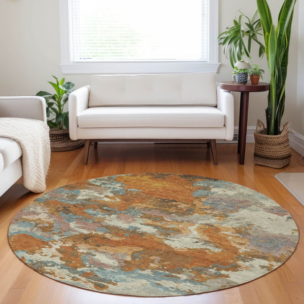 HomeRoots 5' Copper and Orange Abstract Area Rug - Washable, Durable, Indoor/Outdoor, Stain-Resistant Design 8' Round 609590