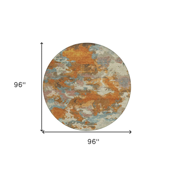 HomeRoots 5' Copper and Orange Abstract Area Rug - Washable, Durable, Indoor/Outdoor, Stain-Resistant Design 8' Round 609590