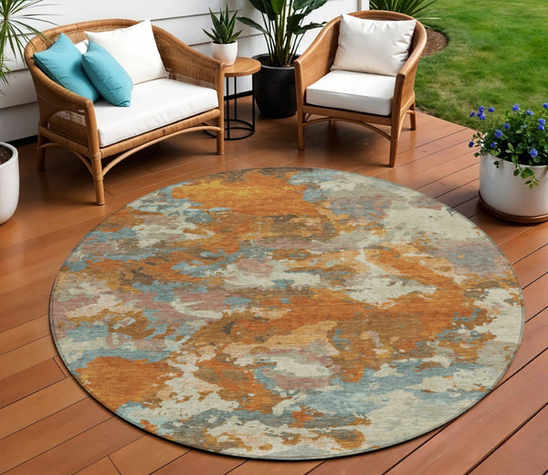HomeRoots 5' Copper and Orange Abstract Area Rug - Washable, Durable, Indoor/Outdoor, Stain-Resistant Design 8' Round 609590