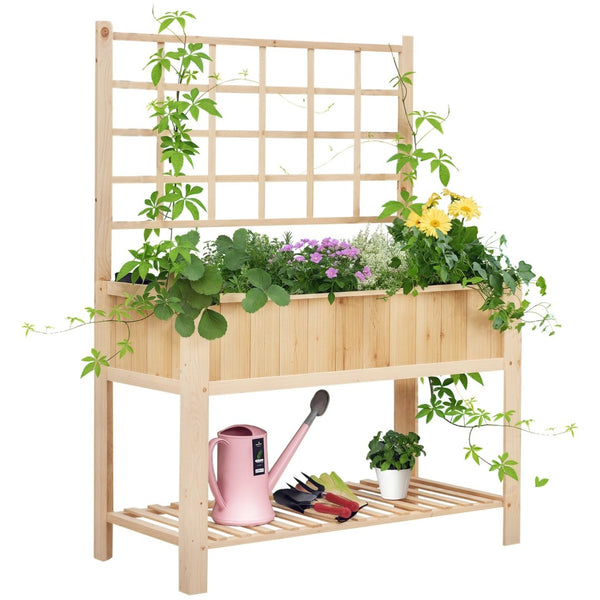 English Elm Wooden Two Tier Elevated Garden Planter with Trellis Panel Farmhouse Outdoor Stand T3971P387815