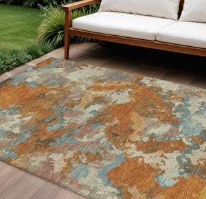 HomeRoots 5' Copper and Orange Abstract Area Rug - Washable, Durable, Indoor/Outdoor, Stain-Resistant Design 9' X 12' 609592
