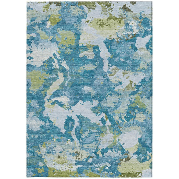 HomeRoots 5' Denim Blue & Olive Green Abstract Area Rug – Durable, Washable, Indoor/Outdoor Design for Any Space 5' X 8' 609595