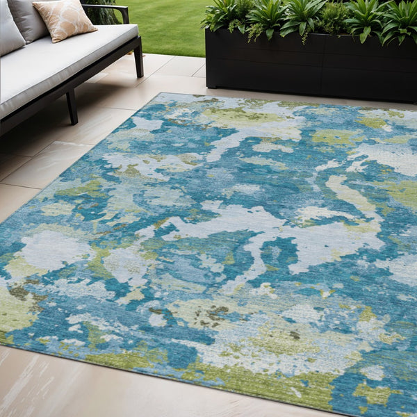 HomeRoots 5' Denim Blue & Olive Green Abstract Area Rug – Durable, Washable, Indoor/Outdoor Design for Any Space 5' X 8' 609595